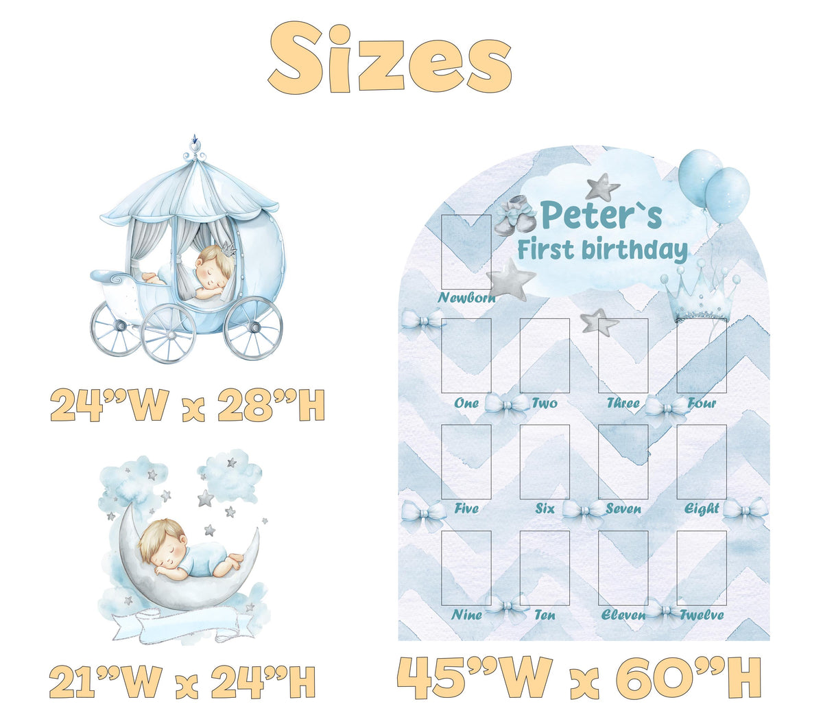 Personalized Little Prince Photo Board, Milestone, Boys First Birthday, First Year Photo Board, Blue Baby Boy,Blue Carriage,Baby Prince Prop