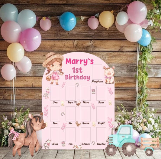 Personalized Pink Farm Animals Photo Board: First Birthday — custom party decor, printed and cut to shape
