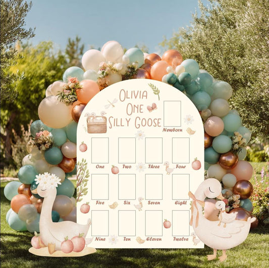 Personalized One Silly Goose First Birthday Photo Board — custom party decor, printed and cut to shape