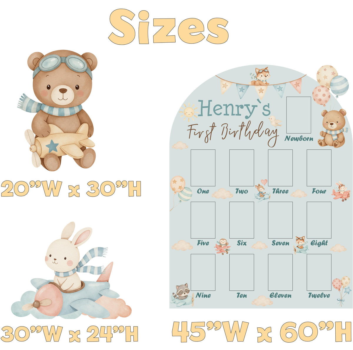 Personalized Woodland Animals Photo Board, Boys First Birthday, First Year, Time Flies, Air Transport, Lawn Sign, Aviator Bear, Airplanes