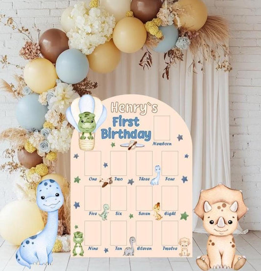 Personalized Dinosaur 1st Birthday Photo Board: Baby Dino — custom party decor, printed and cut to shape