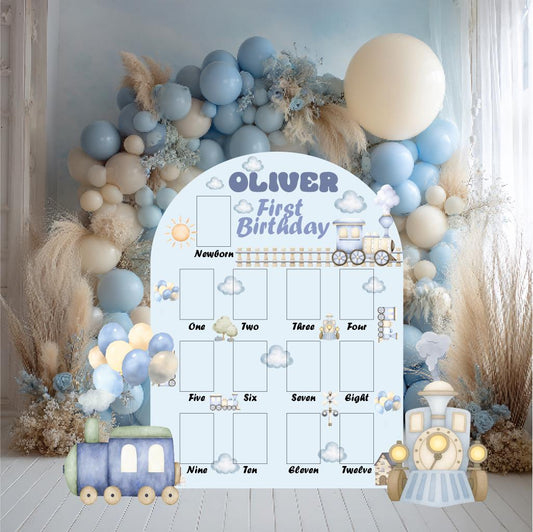 Personalized Blue Train Photo Board — custom party decor, printed and cut to shape