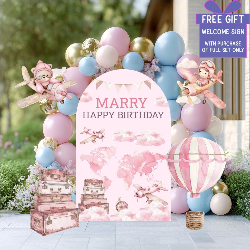 Pink Aviator Bear Cutout, Girls Travel Birthday, Time Flies, Adventure Awaits, Baby Shower, Welcome Sign, Hot Air Balloon, Aeroplane, Props