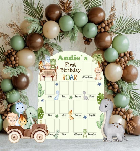 Personalized Dinosaur 1st Birthday Photo Board: Baby Dino — custom party decor, printed and cut to shape