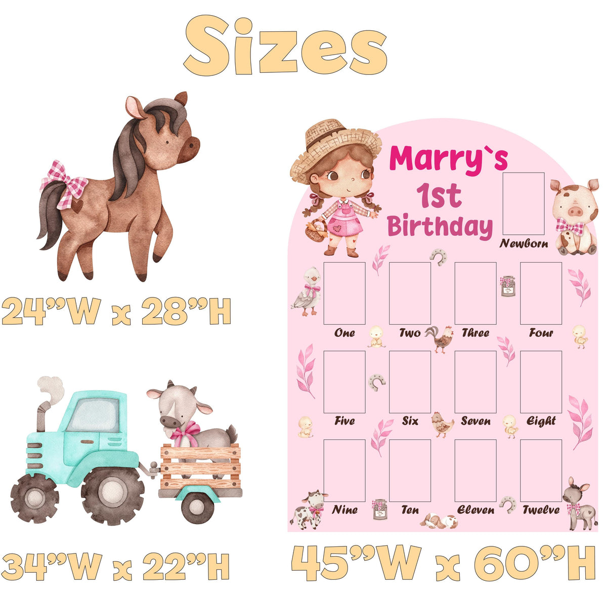 Personalized Farm Animals Cutouts, First Birthday Photo Board, First Birthday, First Year, Prop, Farm Themed Party Decor, Pink Farm Animals