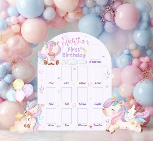 Personalized Rainbow Unicorn 1st Birthday Photo Board & Cuto — custom party decor, printed and cut to shape
