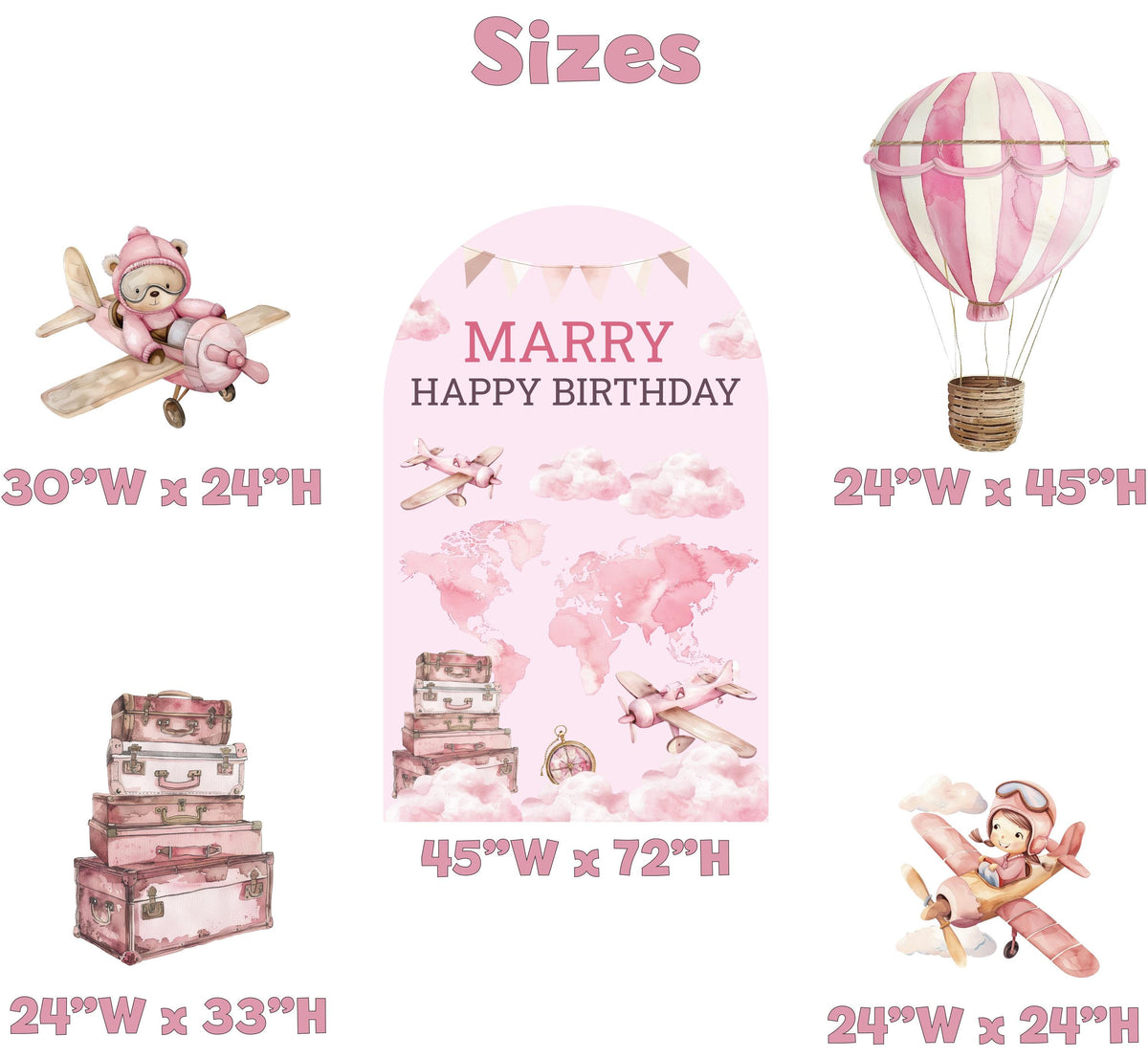 Pink Aviator Bear Cutout, Girls Travel Birthday, Time Flies, Adventure Awaits, Baby Shower, Welcome Sign, Hot Air Balloon, Aeroplane, Props