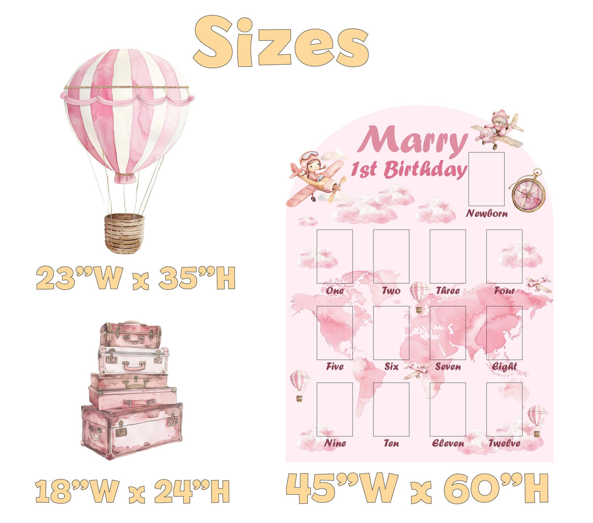 Pink Aviator Bear Photo Board, Girls First Birthday, First Year Decor, Time Flies, Hot Air Balloon Lawn Sign, Party Props, Cutouts, Backdrop