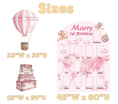 Pink Aviator Bear Photo Board, Girls First Birthday, First Year Decor, Time Flies, Hot Air Balloon Lawn Sign, Party Props, Cutouts, Backdrop