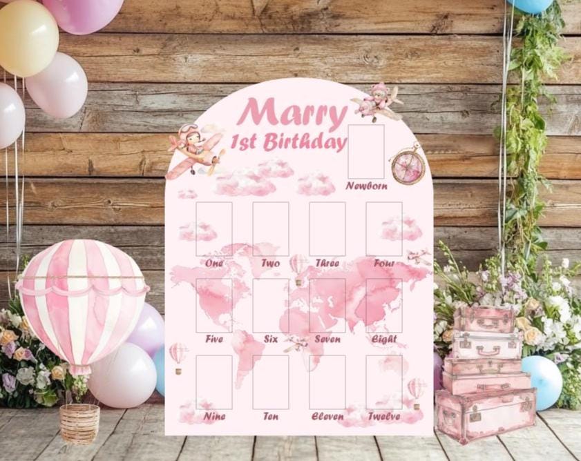 Pink Aviator Bear Photo Board, Girls First Birthday, First Year Decor, Time Flies, Hot Air Balloon Lawn Sign, Party Props, Cutouts, Backdrop