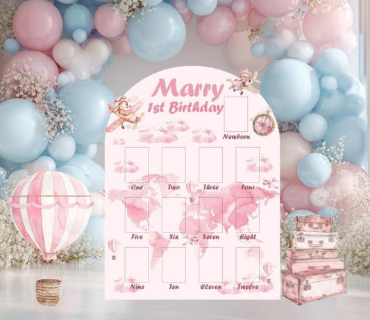 Pink Aviator Bear Photo Board — custom party decor, printed and cut to shape