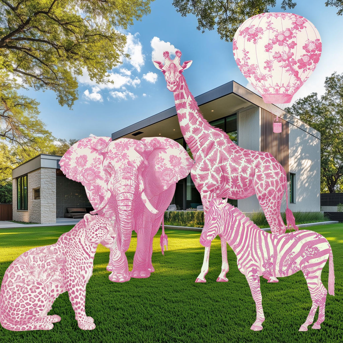 Pink Toile Safari Animals Cutouts, Chinoiserie Birthday, Toile de Jouy Backdrop, Baby Shower Decor, Hot Air Balloon, Party Props