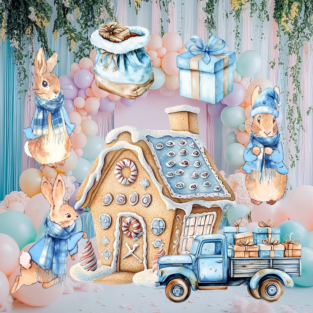 Christmas Garden Bunny Cutouts, Storybook Baby Shower, Yard Sign, Winter Bunny, Outdoor Decor, Christmas Decor, Gingerbread House