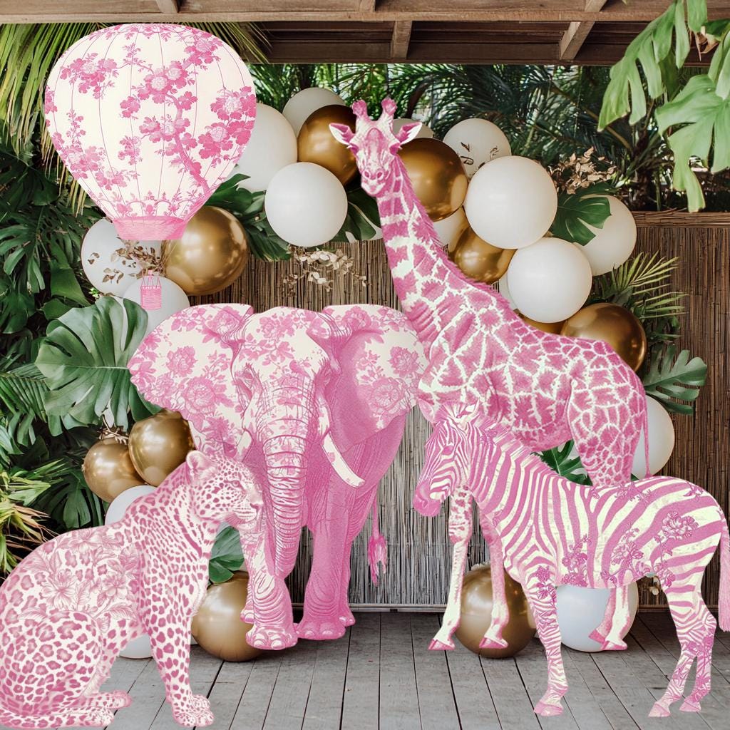 Pink Toile Safari Animals Cutouts, Chinoiserie Birthday, Toile de Jouy Backdrop, Baby Shower Decor, Hot Air Balloon, Party Props