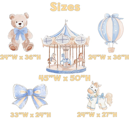 Blue Teddy Bear Cutouts (Carousel & Bears), Boy Baby Shower Decoration, Hot Air Balloon, Backdrop, Party Props, Lawn Sign, Carousel Horse Centerpiece