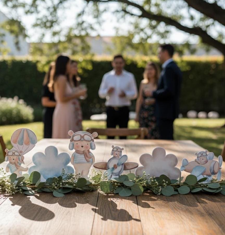 Blue Aviator Bear Double-Sided Table Centerpieces Set 6, Adventure Baby Shower, Clouds Nursery Decor, Table Decor, Birthday Decorations