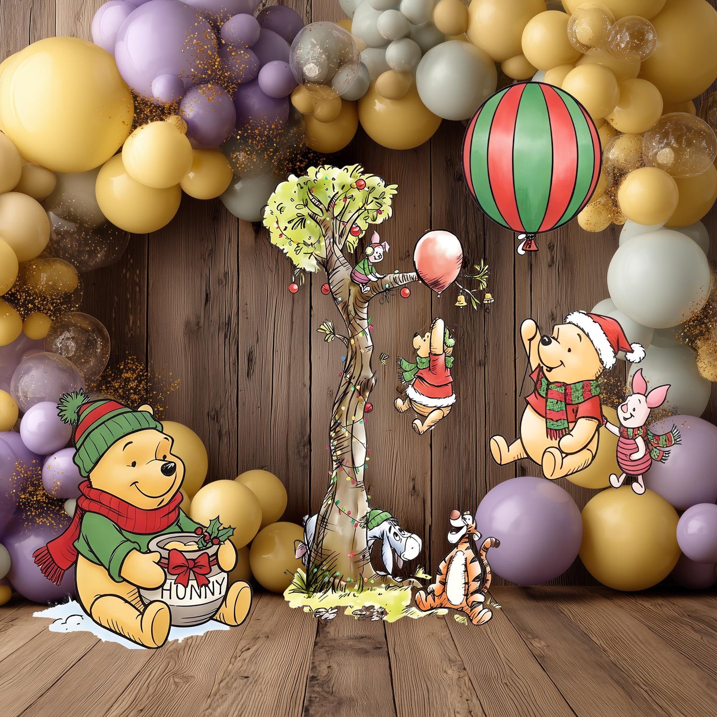 Christmas Honey Bear Cutouts (Tree & Hot Air Balloon), Baby Shower Backdrop, Lawn Sign, Outdoor Decor, Christmas Decor, Winter Decor