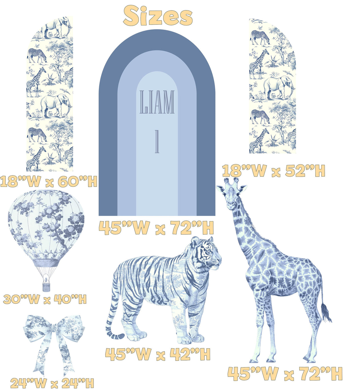 Blue Toile Safari Animals Cutouts, Chinoiserie Birthday, Toile de Jouy Backdrop, Baby Shower Decor