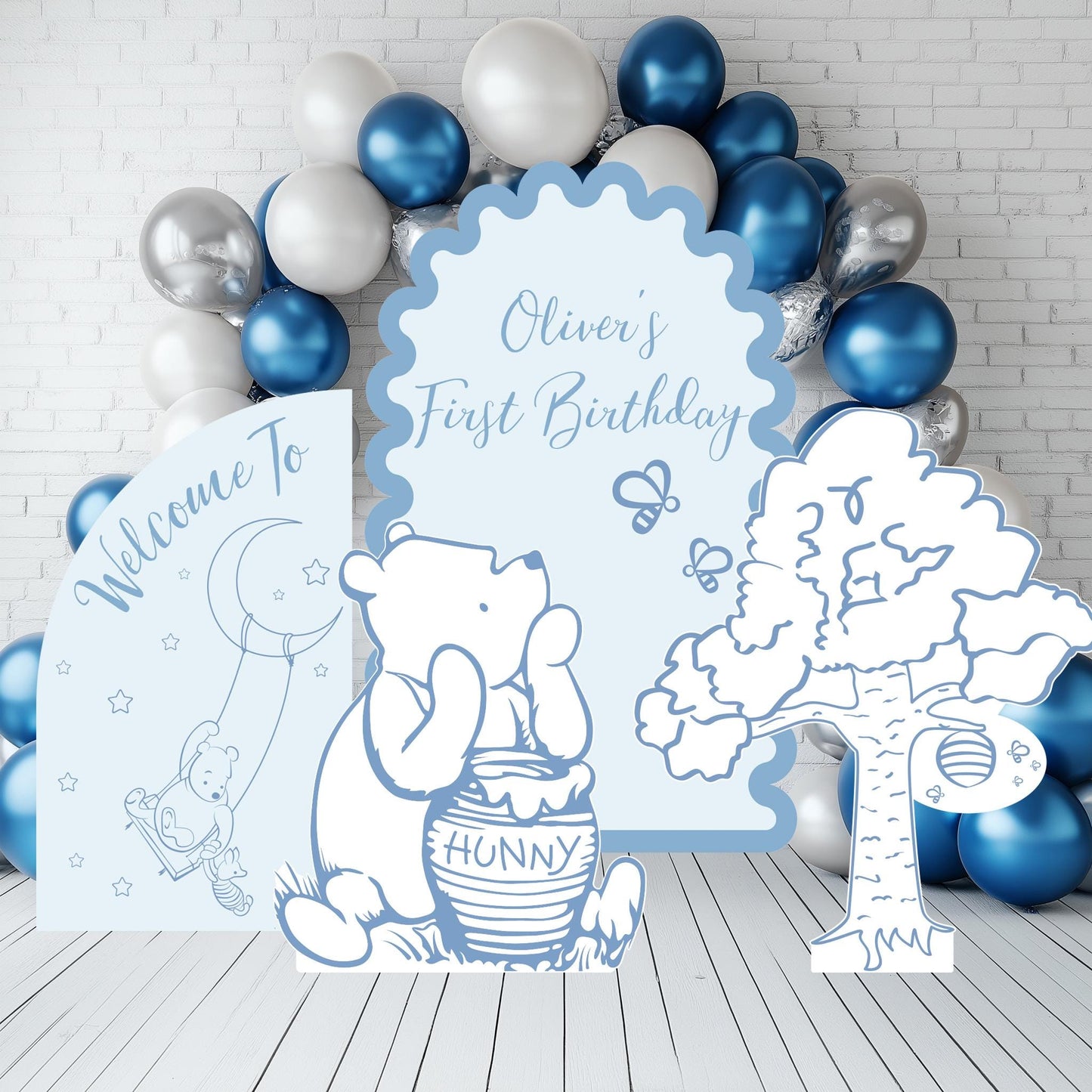 Classic Honey Bear Blue Outline Cutouts, Blue Baby Shower, Backdrop, Baby Boy, Honey Bear Line Art, 1st Birthday