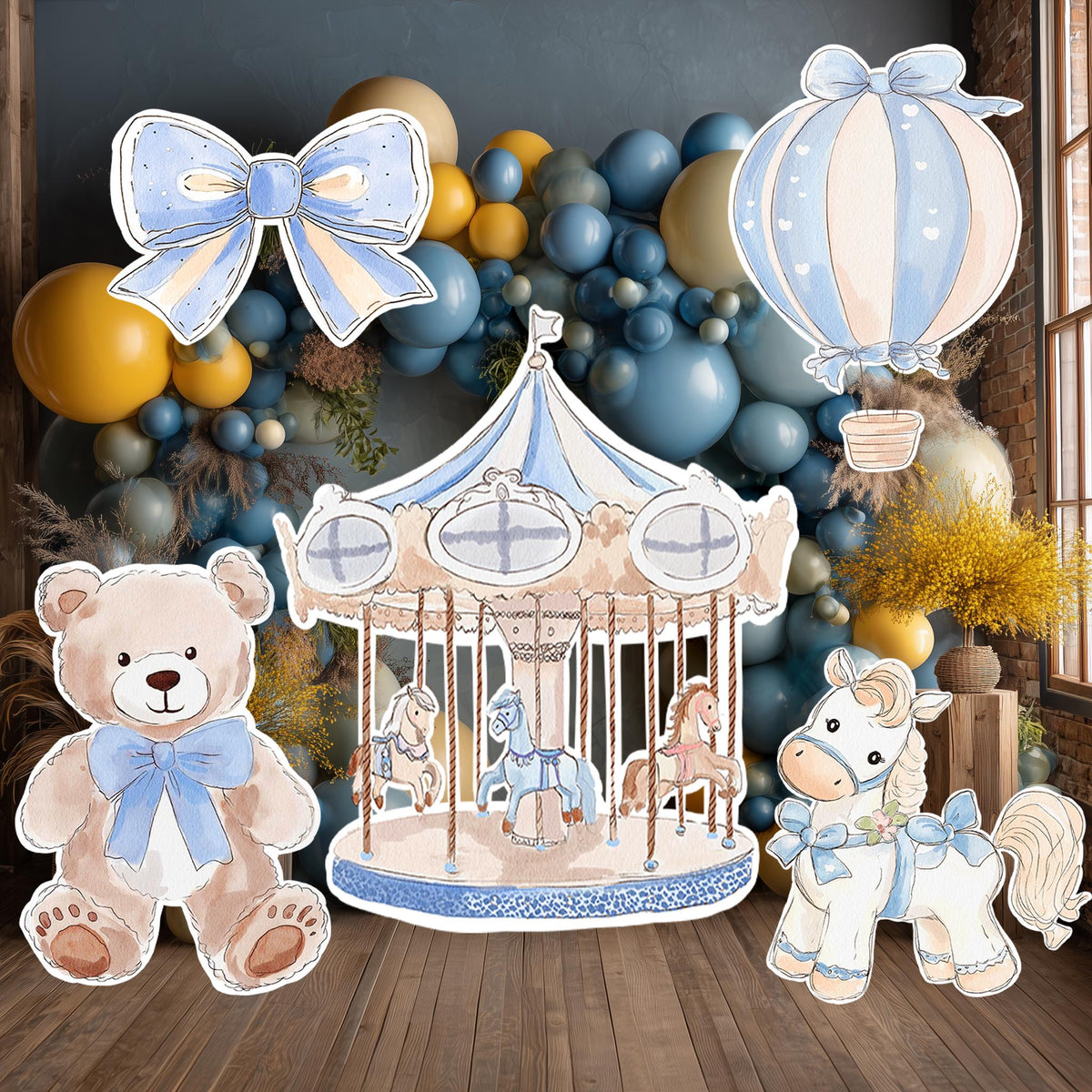 Blue Teddy Bear Cutouts (Carousel & Bears), Boy Baby Shower Decoration, Hot Air Balloon, Backdrop, Party Props, Lawn Sign, Carousel Horse Centerpiece