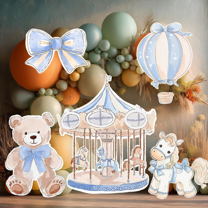 Blue Teddy Bear Cutouts (Carousel & Bears), Boy Baby Shower Decoration, Hot Air Balloon, Backdrop, Party Props, Lawn Sign, Carousel Horse Centerpiece