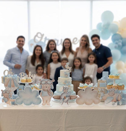 Blue Aviator Bear Double-Sided Table Centerpieces Set 6, Adventure Baby Shower, Clouds Nursery Decor, Table Decor, Birthday Decorations