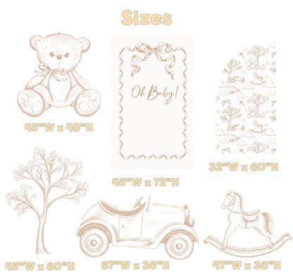 Beige Toile Teddy Bear Cutout, Chinoiserie Birthday, Toile de Jouy Backdrop, Baby Shower Decor, Baby Toys