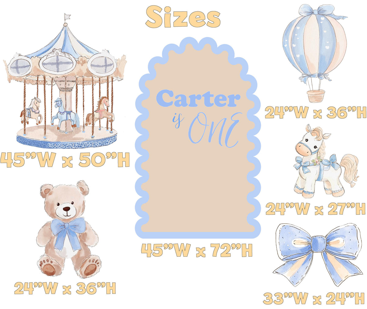 Blue Teddy Bear Cutouts (Named Arch & Carousel), Boy Baby Shower Decoration, Hot Air Balloon, Backdrop, Party Props, Lawn Sign, Carousel Horse Centerpiece