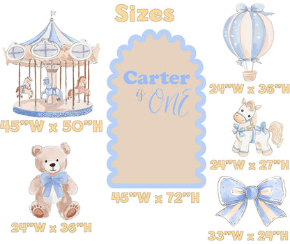Blue Teddy Bear Cutouts (Named Arch & Carousel), Boy Baby Shower Decoration, Hot Air Balloon, Backdrop, Party Props, Lawn Sign, Carousel Horse Centerpiece