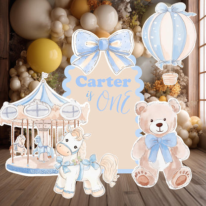 Blue Teddy Bear Cutouts (Named Arch & Carousel), Boy Baby Shower Decoration, Hot Air Balloon, Backdrop, Party Props, Lawn Sign, Carousel Horse Centerpiece