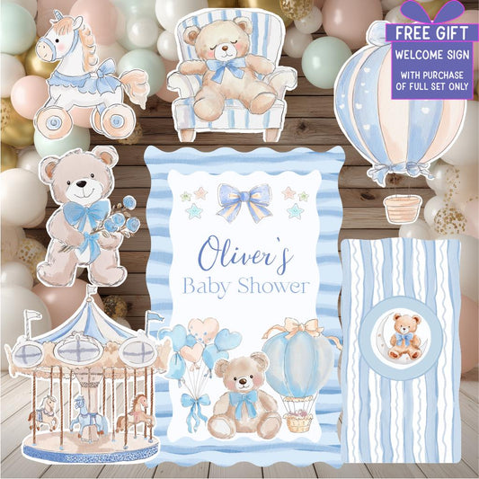 Blue Teddy Bear Cutouts — custom party decor, printed and cut to shape