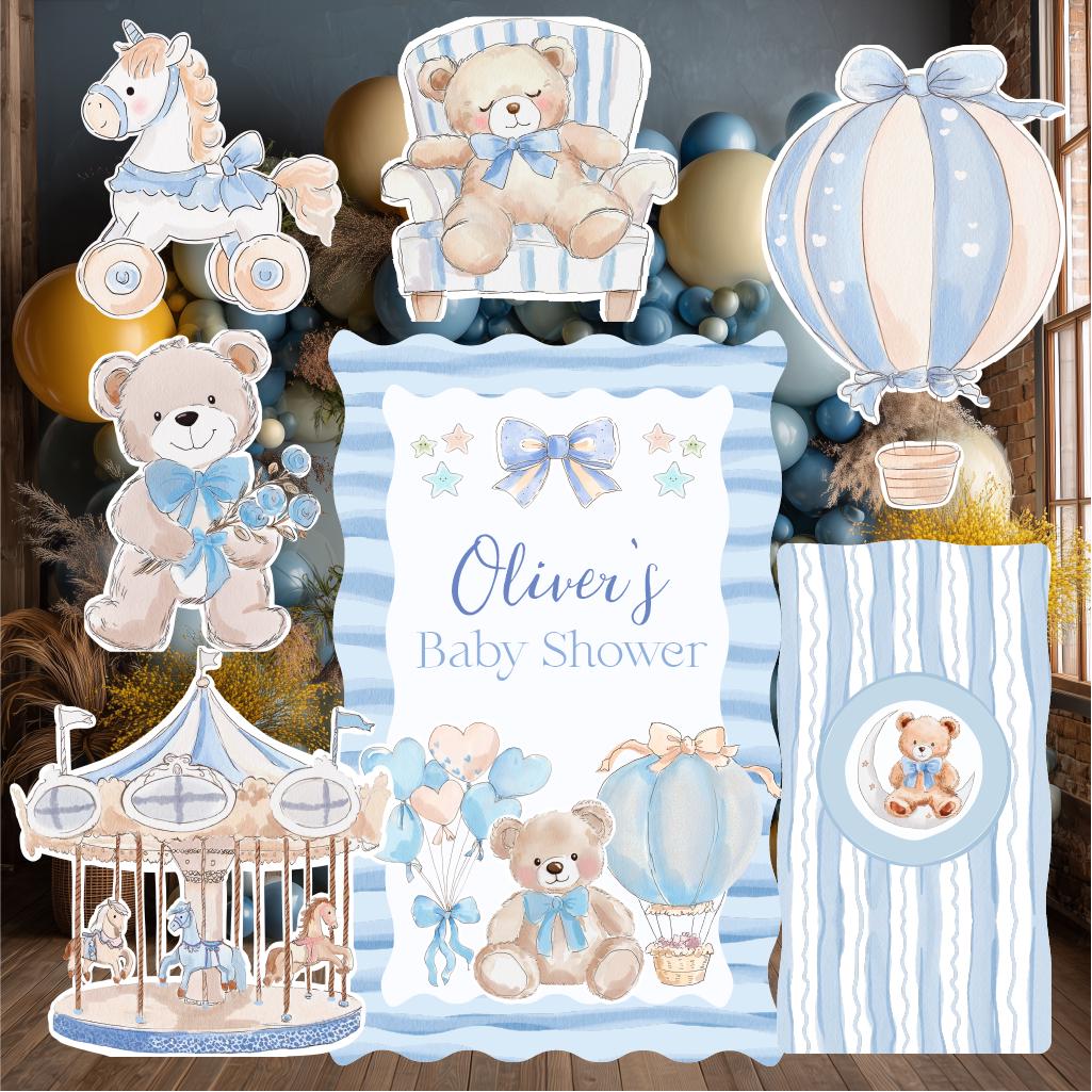 Blue Teddy Bear Cutouts, Boy Baby Shower Decoration, Hot Air Balloon, Backdrop, Welcome Sign, Lawn Sign, Carousel Horse
