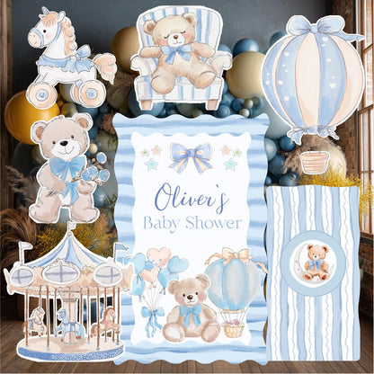 Blue Teddy Bear Cutouts, Boy Baby Shower Decoration, Hot Air Balloon, Backdrop, Welcome Sign, Lawn Sign, Carousel Horse