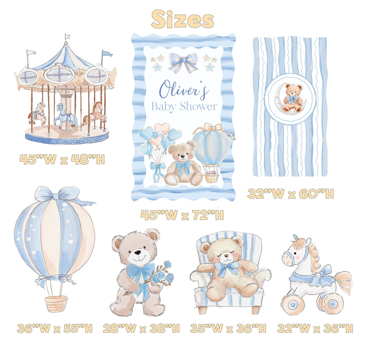 Blue Teddy Bear Cutouts, Boy Baby Shower Decoration, Hot Air Balloon, Backdrop, Welcome Sign, Lawn Sign, Carousel Horse