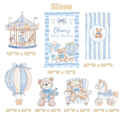 Blue Teddy Bear Cutouts, Boy Baby Shower Decoration, Hot Air Balloon, Backdrop, Welcome Sign, Lawn Sign, Carousel Horse