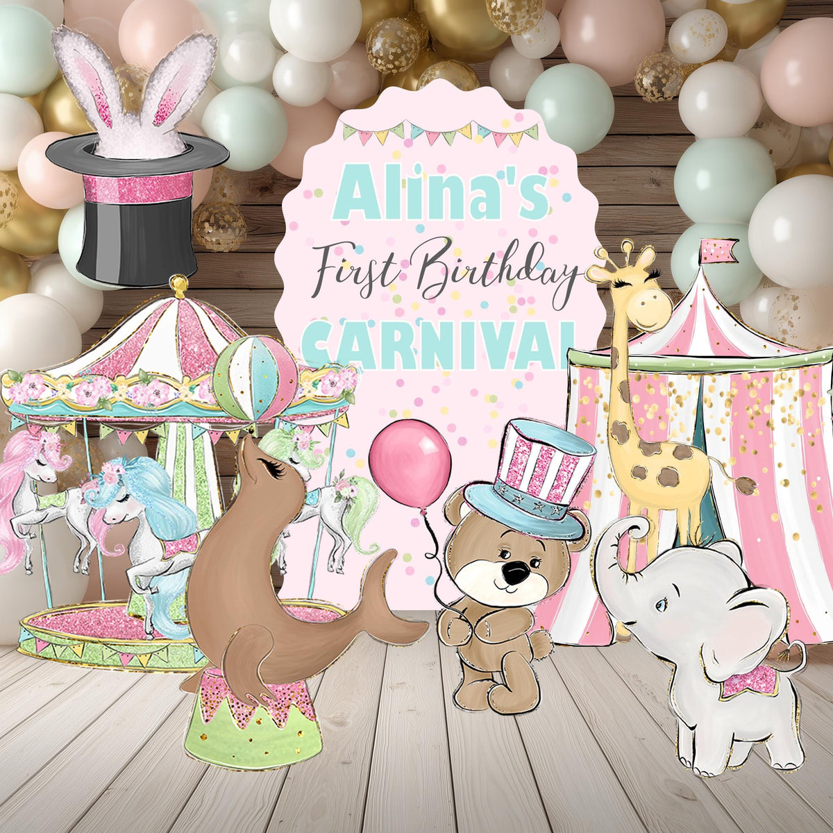 Pastel Pink Circus Party Cutouts, Carnival Baby Shower, Girls 1st Birthday Decor, Safari Animal Party