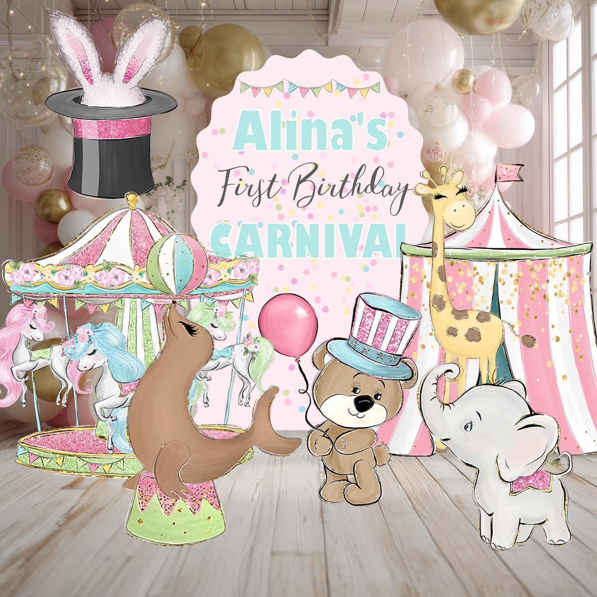 Pastel Pink Circus Party Cutouts — custom party decor, printed and cut to shape