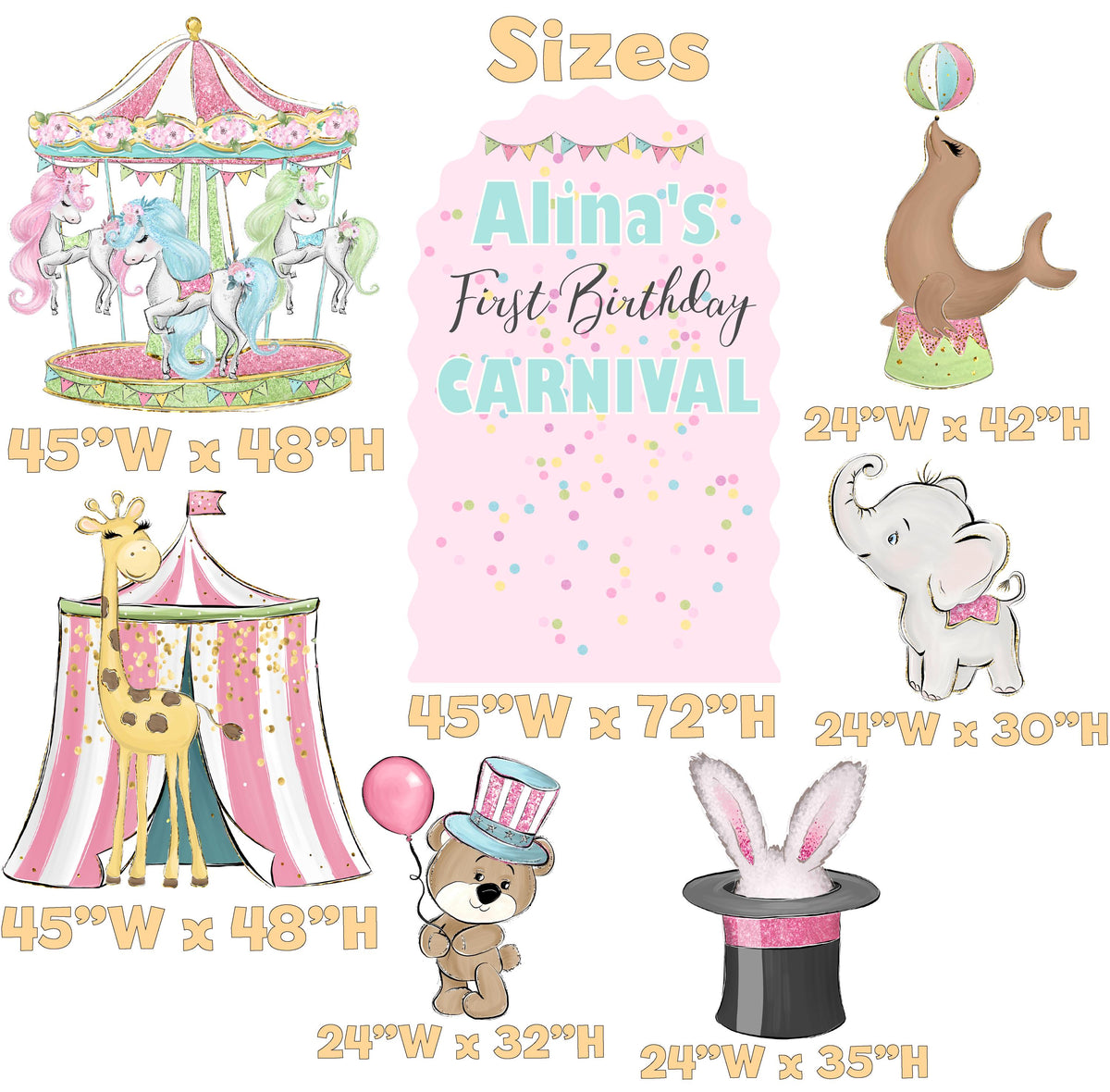Pastel Pink Circus Party Cutouts, Carnival Baby Shower, Girls 1st Birthday Decor, Safari Animal Party