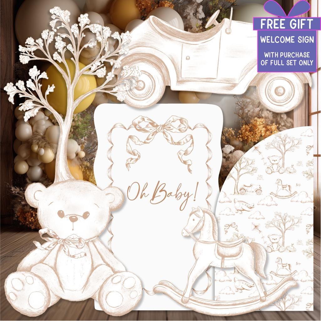 Beige Toile Teddy Bear Cutout, Chinoiserie Birthday, Toile de Jouy Backdrop, Baby Shower Decor, Baby Toys