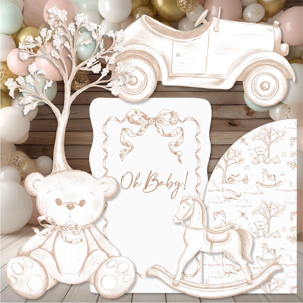 Beige Toile Teddy Bear Cutout, Chinoiserie Birthday, Toile de Jouy Backdrop, Baby Shower Decor, Baby Toys