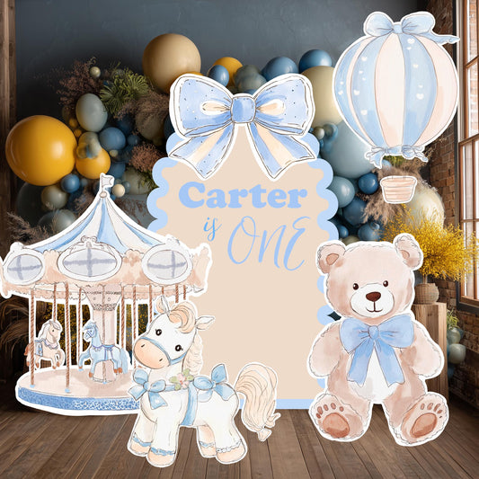 Blue Teddy Bear Cutouts — custom party decor, printed and cut to shape