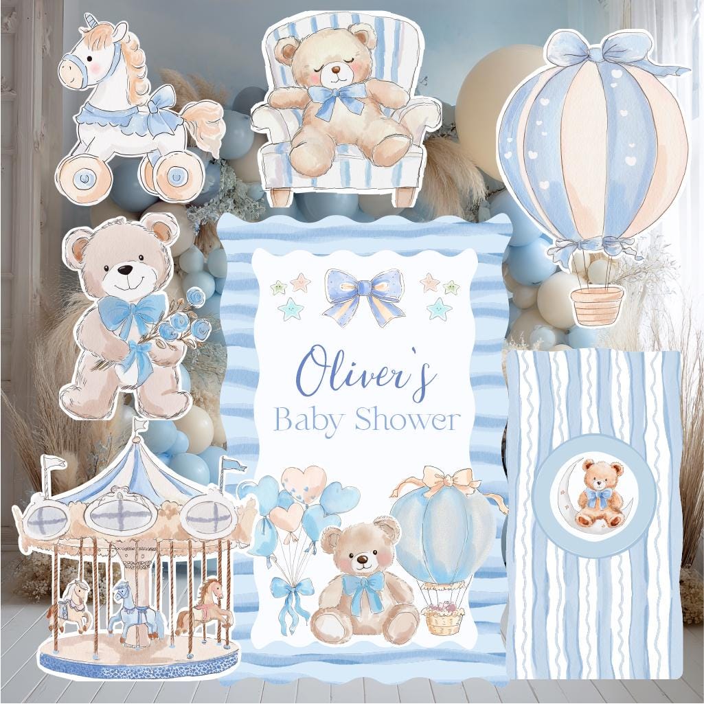 Blue Teddy Bear Cutouts, Boy Baby Shower Decoration, Hot Air Balloon, Backdrop, Welcome Sign, Lawn Sign, Carousel Horse
