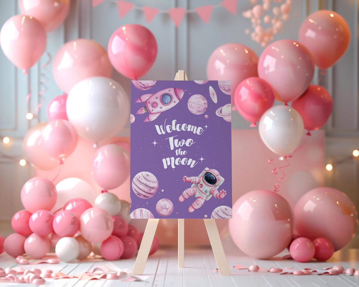 Pink Astronaut Party Cutouts, Outer Space Birthday, Welcome Sign, Baby Shower, Space Themed Party Decor, Moon, Rocket