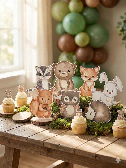 Woodland Animals Double-Sided Table Centerpieces Set 8 — custom party decor, printed and cut to shape