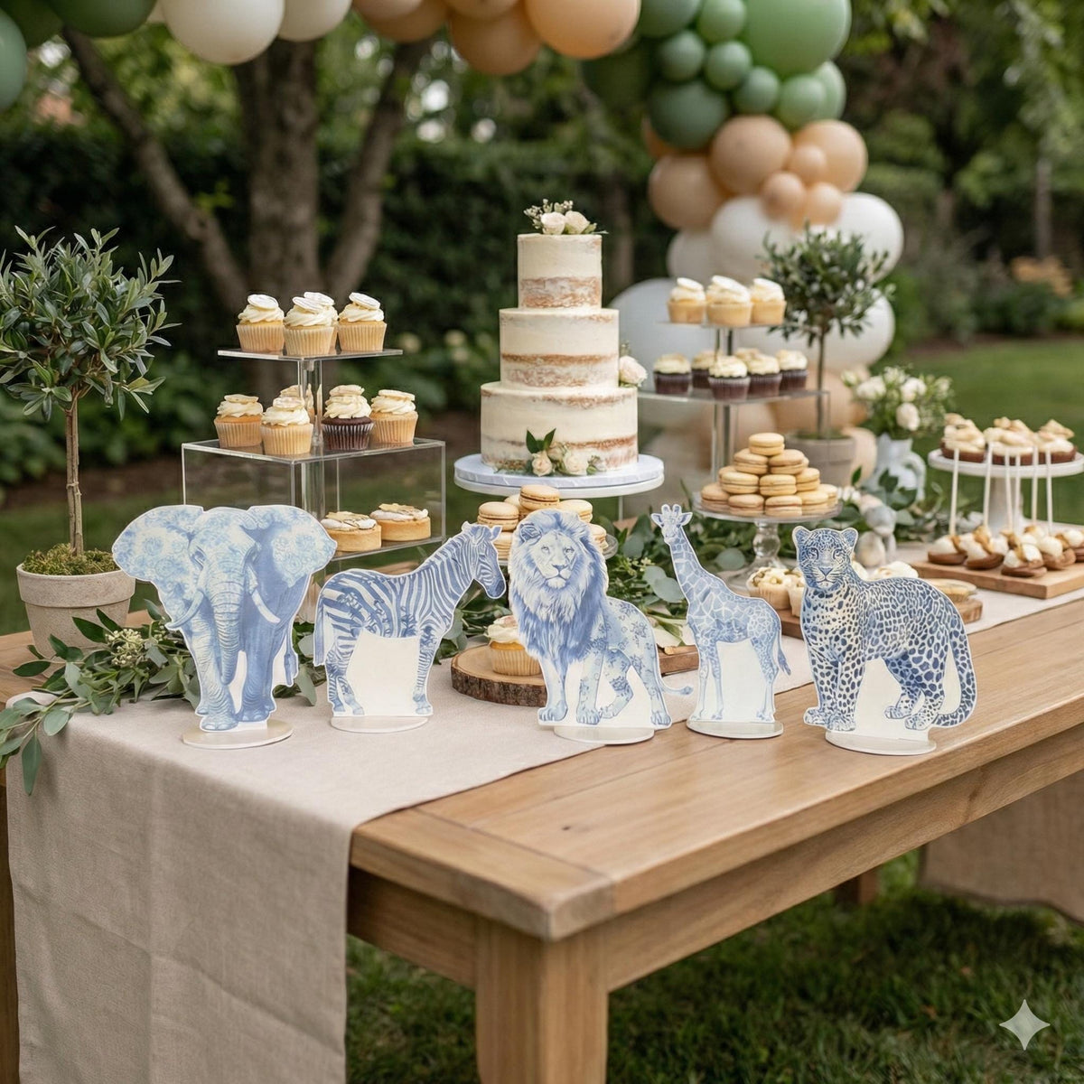 Blue Toile Safari Animals Double-Sided Table Centerpieces Set 5, Jungle Baby Shower, Nursery Decor, Table Decor, Birthday Decorations