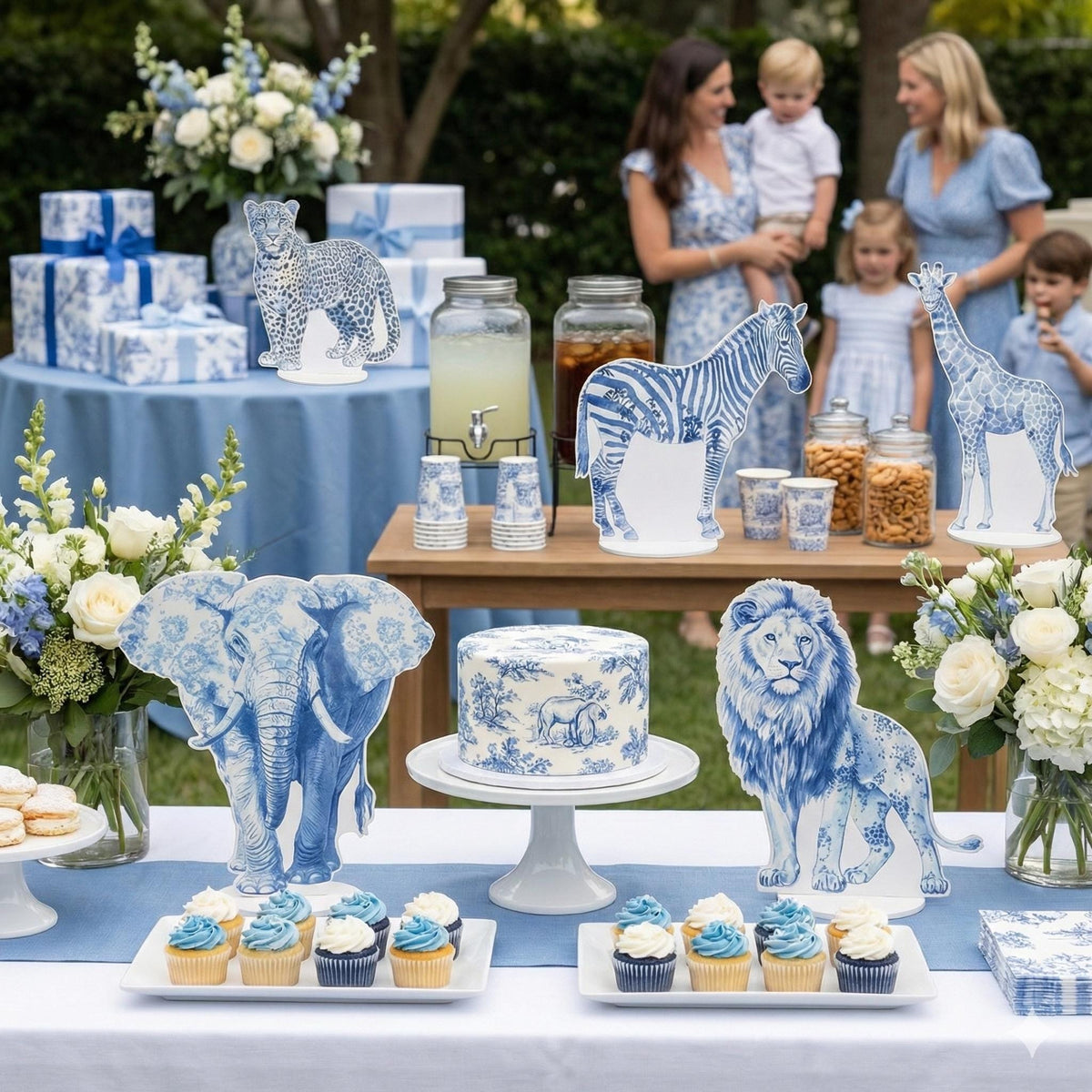 Blue Toile Safari Animals Double-Sided Table Centerpieces Set 5, Jungle Baby Shower, Nursery Decor, Table Decor, Birthday Decorations