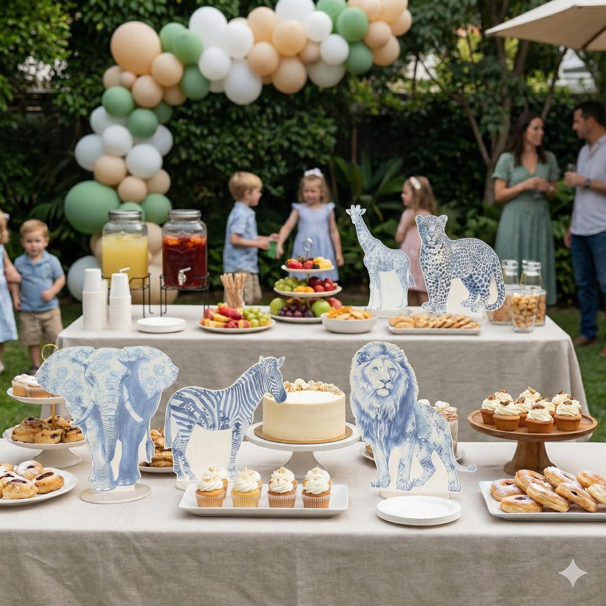 Blue Toile Safari Animals Double-Sided Table Centerpieces Set 5, Jungle Baby Shower, Nursery Decor, Table Decor, Birthday Decorations