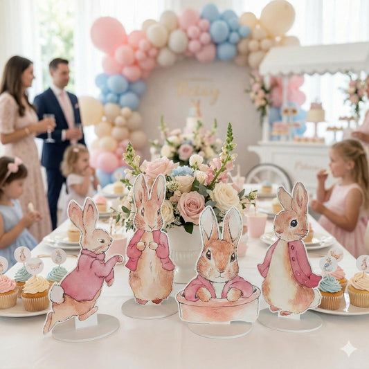 Pink Garden Bunny Double-Sided Table Centerpieces Set 4 — custom party decor, printed and cut to shape