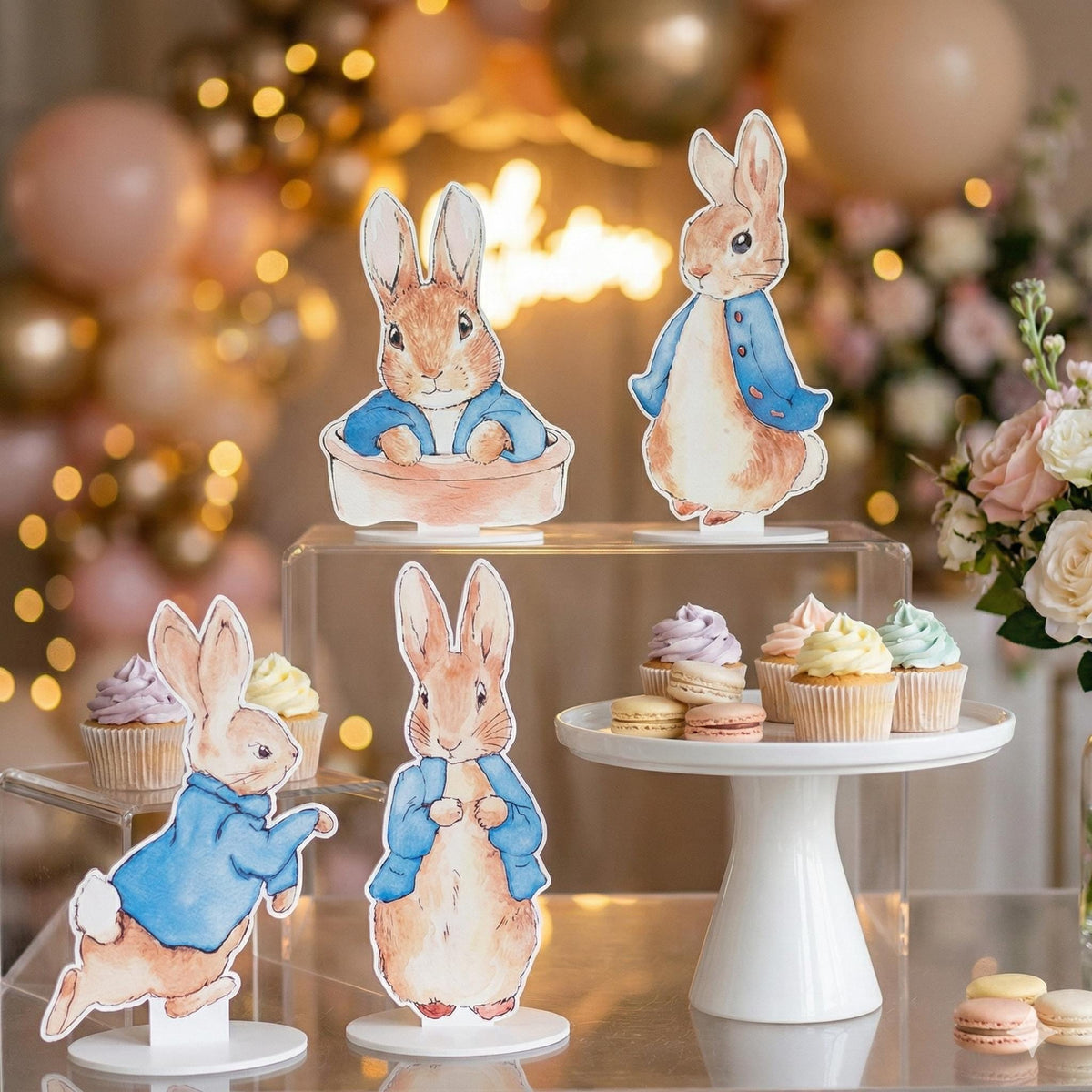 Blue Garden Bunny Double-Sided Table Centerpieces Set 4, Bunny Baby Shower, Nursery Decor, Table Decor, Birthday Decorations