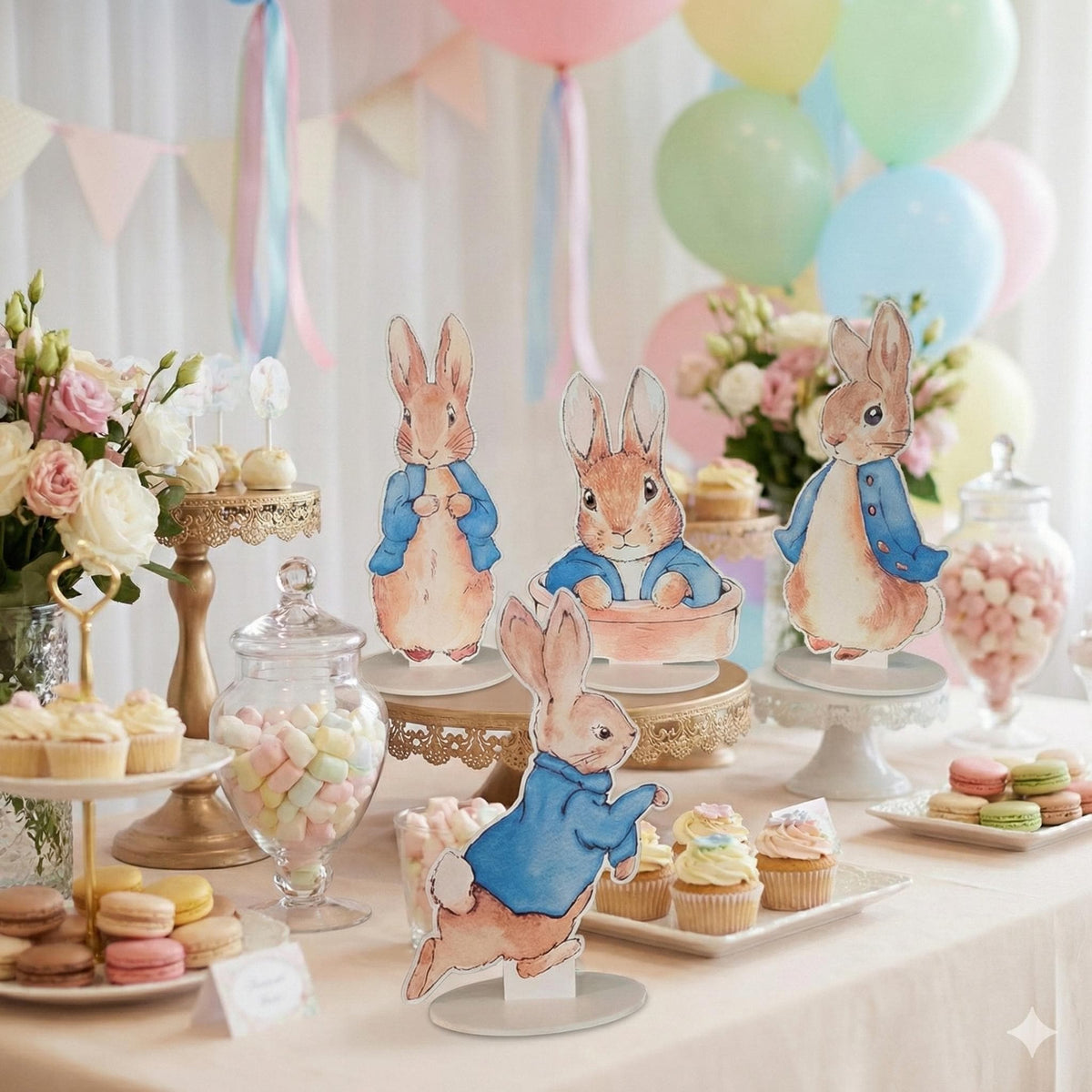 Blue Garden Bunny Double-Sided Table Centerpieces Set 4, Bunny Baby Shower, Nursery Decor, Table Decor, Birthday Decorations